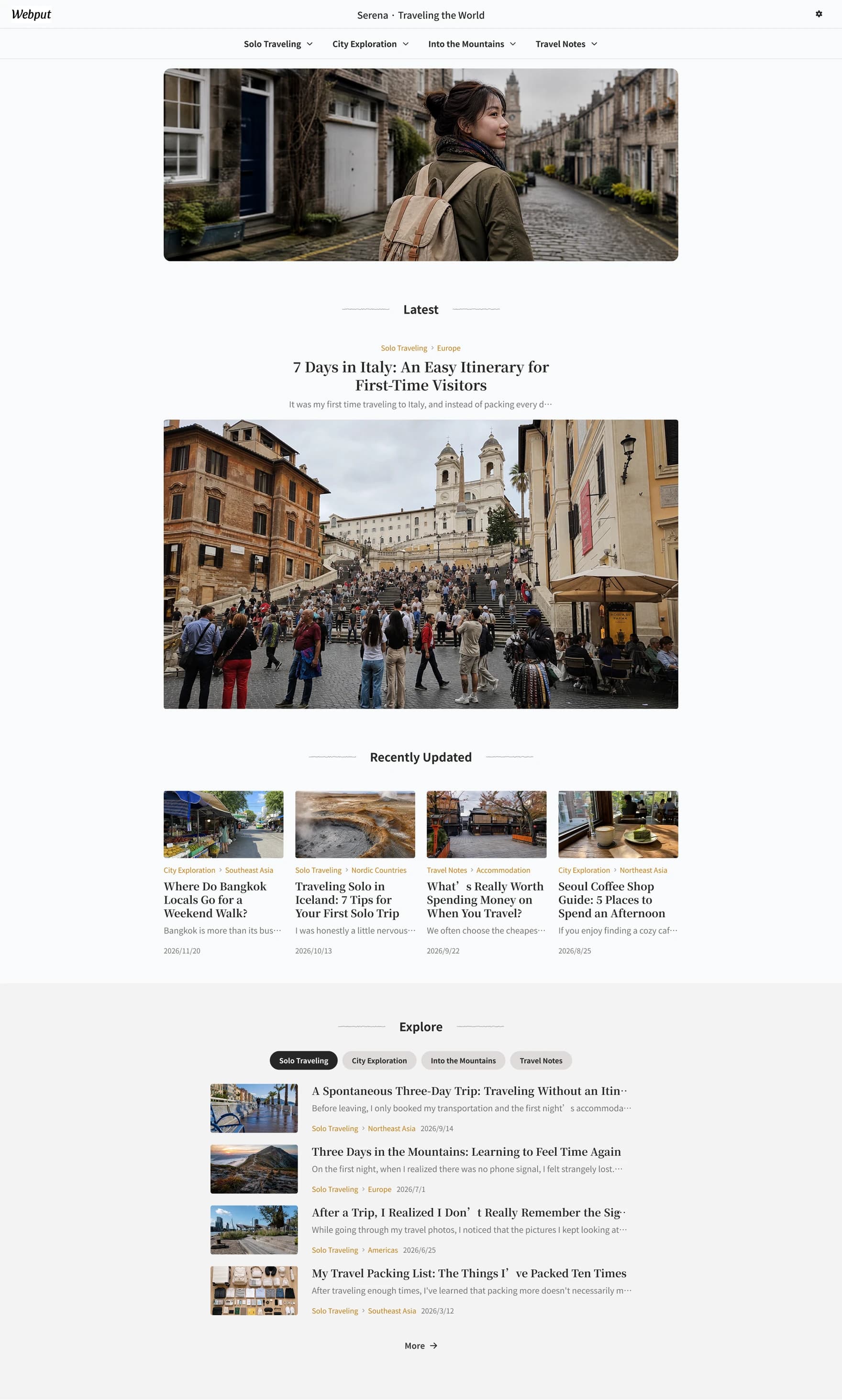 A blog homepage built with Webput, desktop view